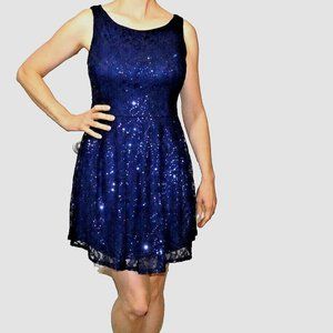 London Prom Dress Womens Size 4 Blue Mini Lace Sequins Bombshell Stylish UK